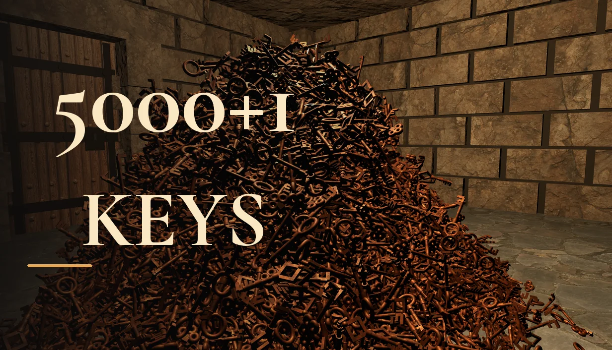 A pile of keys in a stone room, with the title 5000+1 Keys
